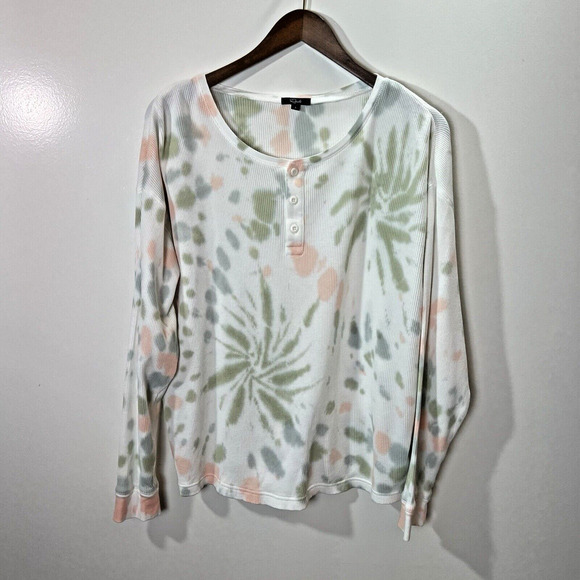 Rails Womens Cade Tie Dye Henley Top Size L Waffle Peach Green Y2K Elena Gilbert - Picture 1 of 6